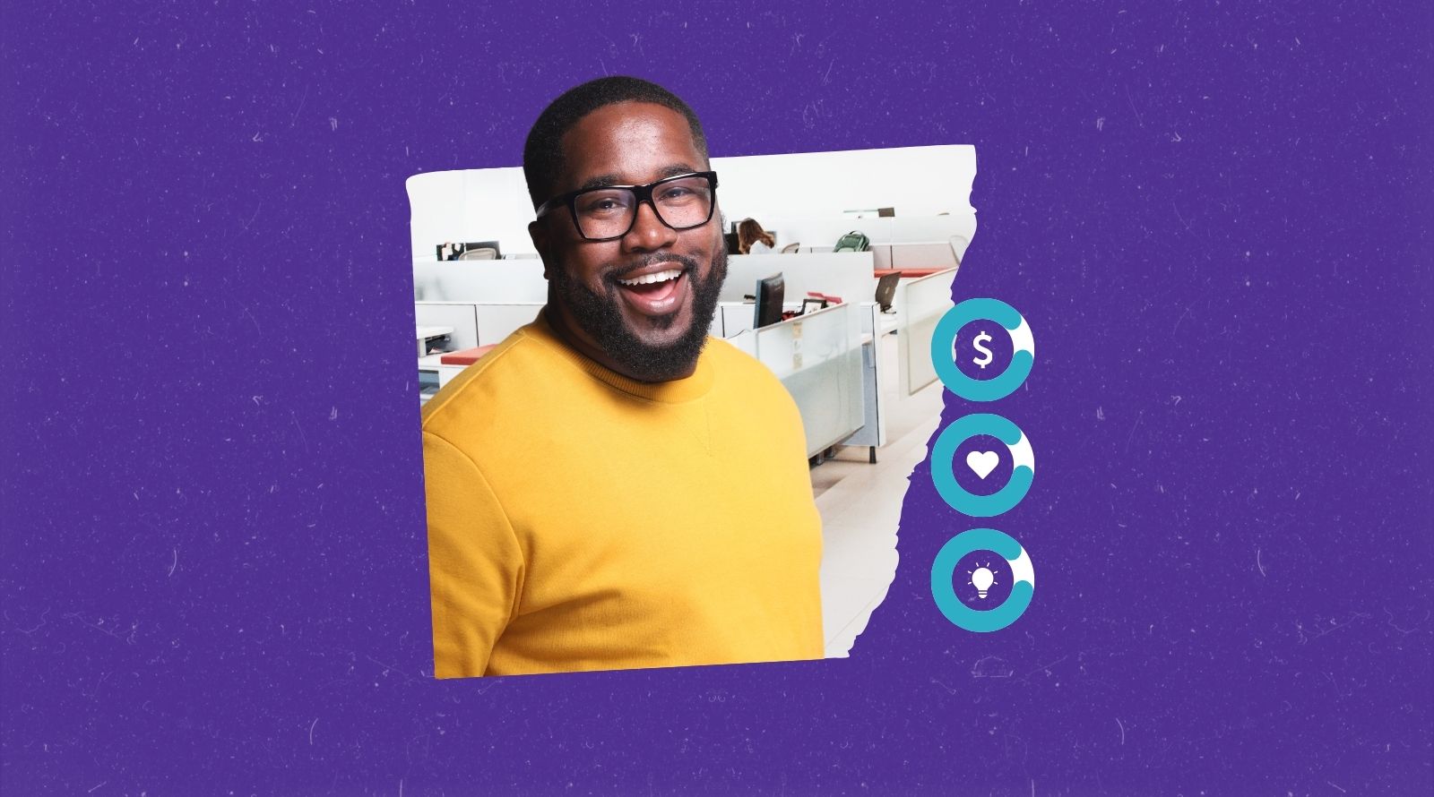 Man in a collage with an office and employee engagement metrics