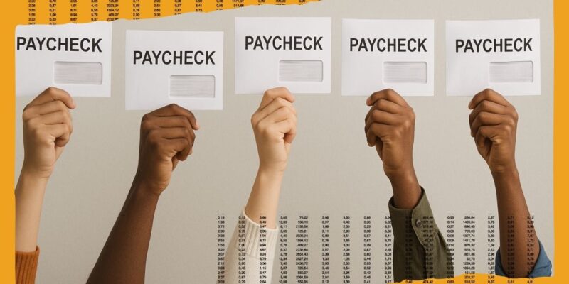 Compensation equity, paychecks being held in the air