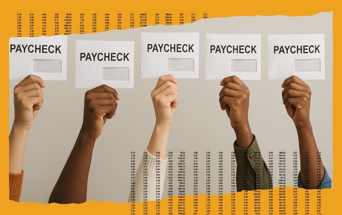 Compensation equity, paychecks being held in the air